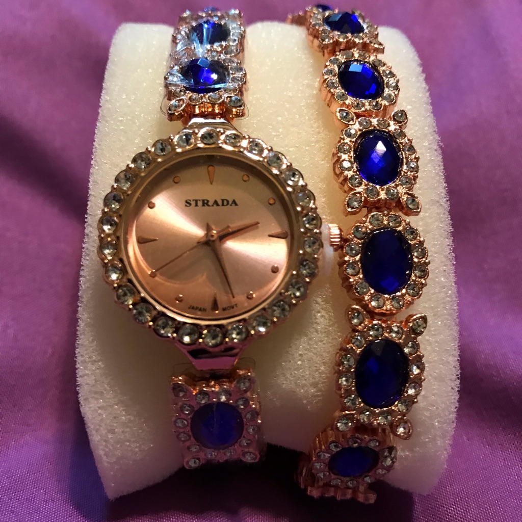 Strada Simulated Sapphire Watch & Bracelet Set